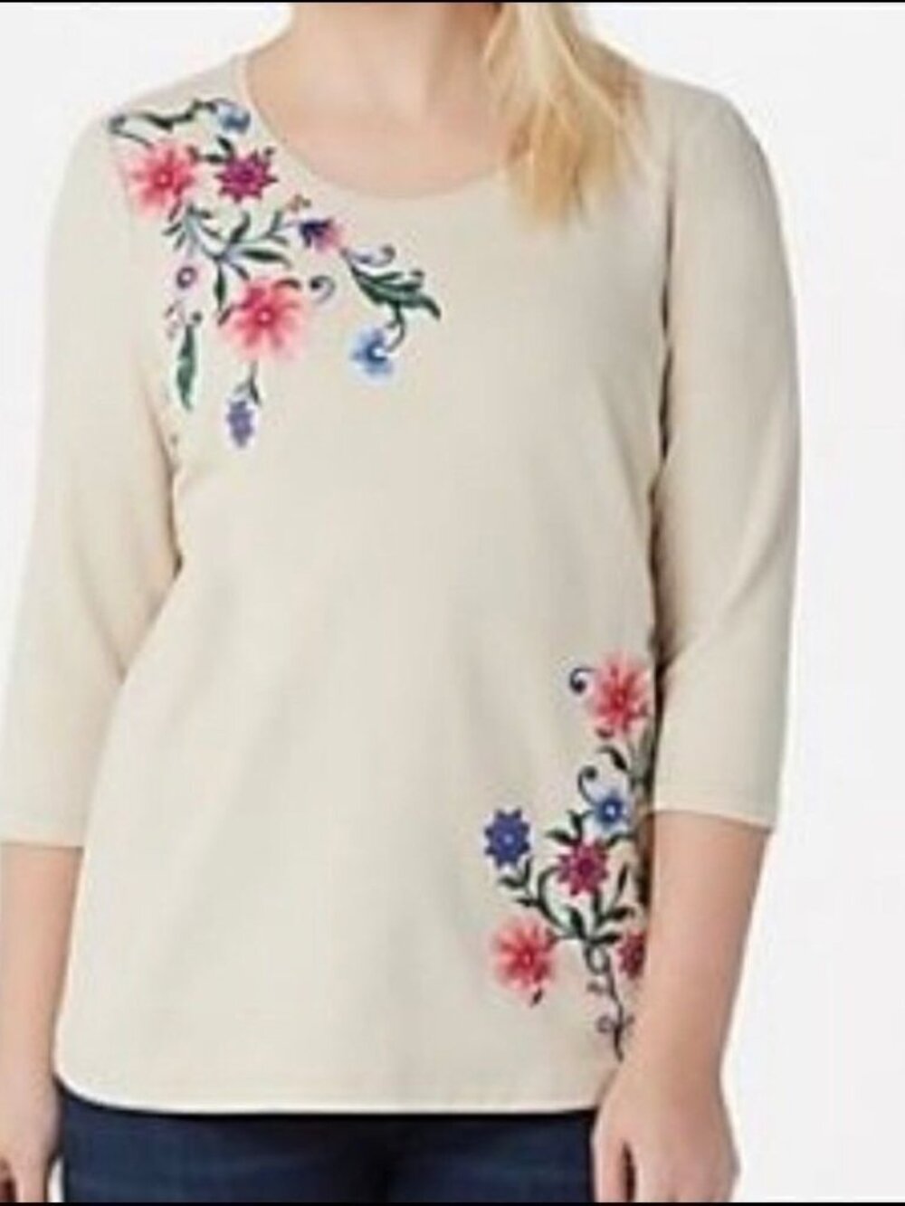 Denim & Co. French Terry 3/4-Sleeve Embroidery Top